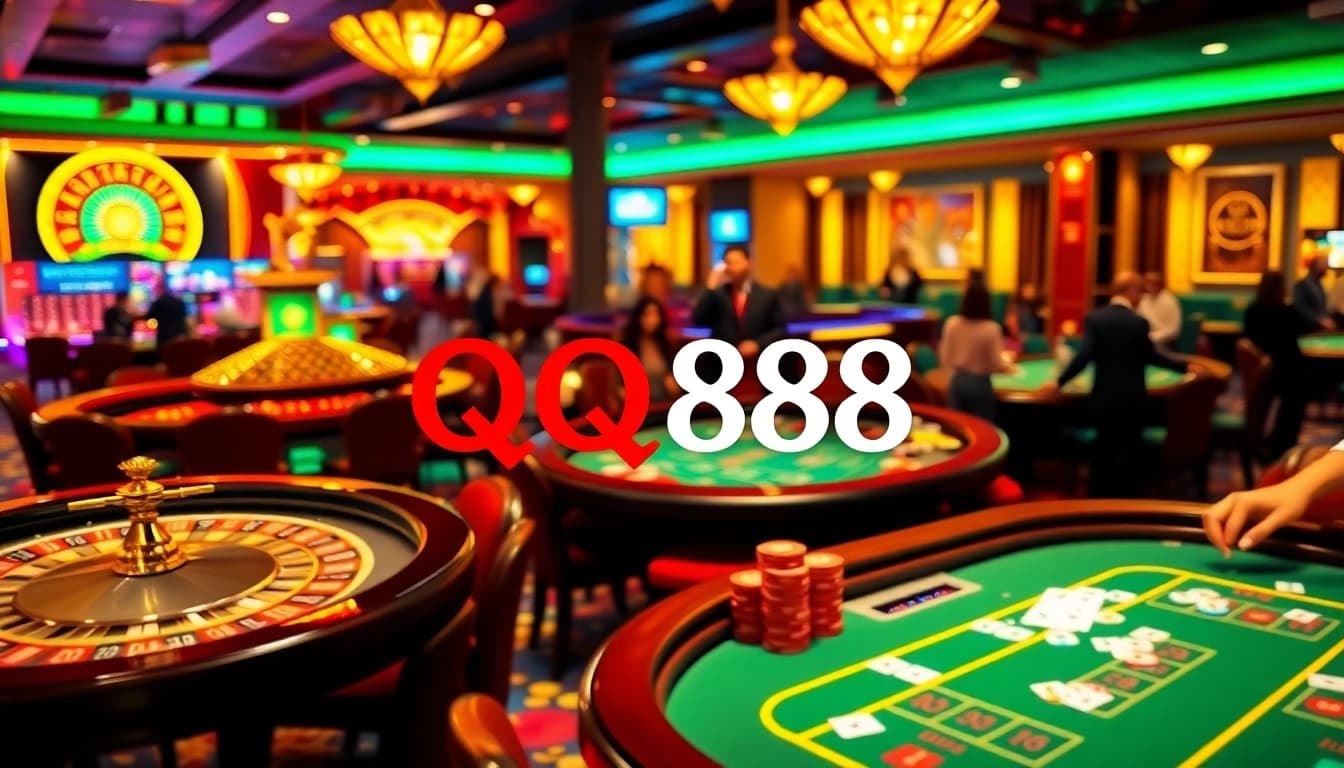 Excited gamblers enjoying a luxurious QQ88 casino experience with vibrant tables and games.