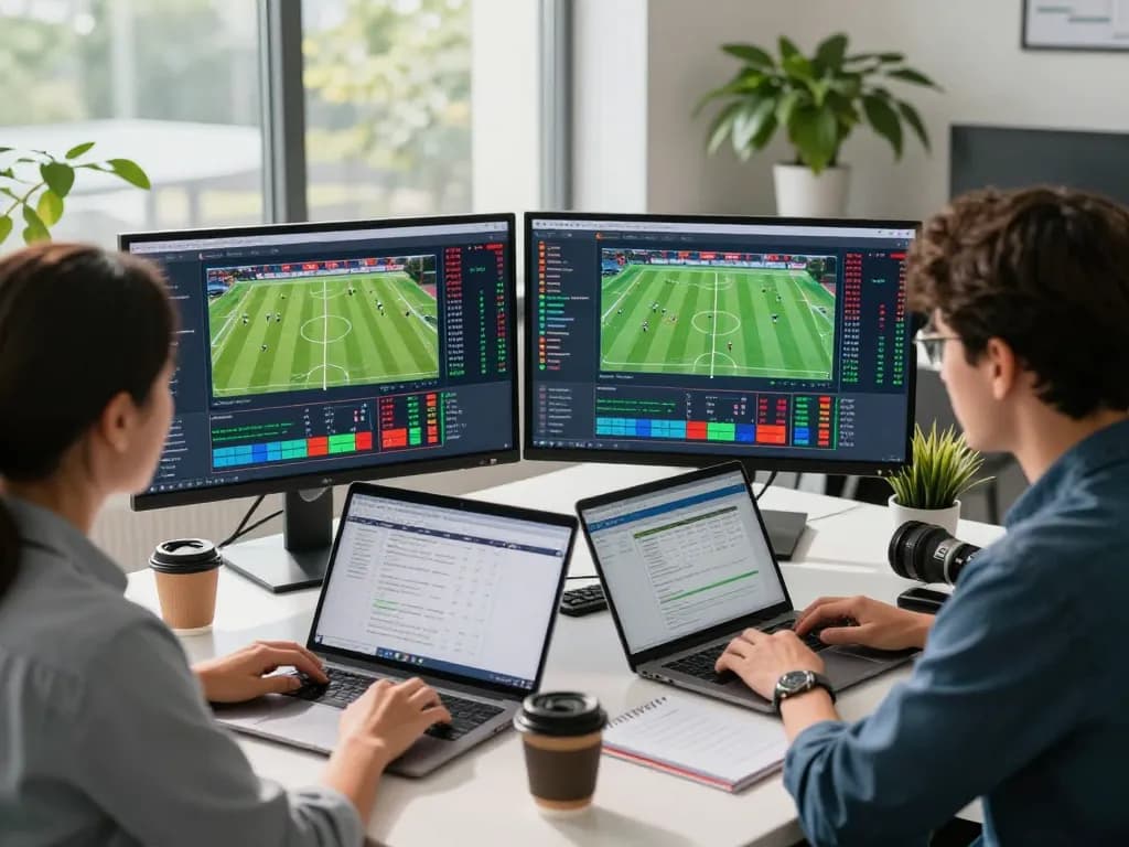 Sports analysts discussing soi kèo 365 in a modern office setting with vibrant visuals and focus.