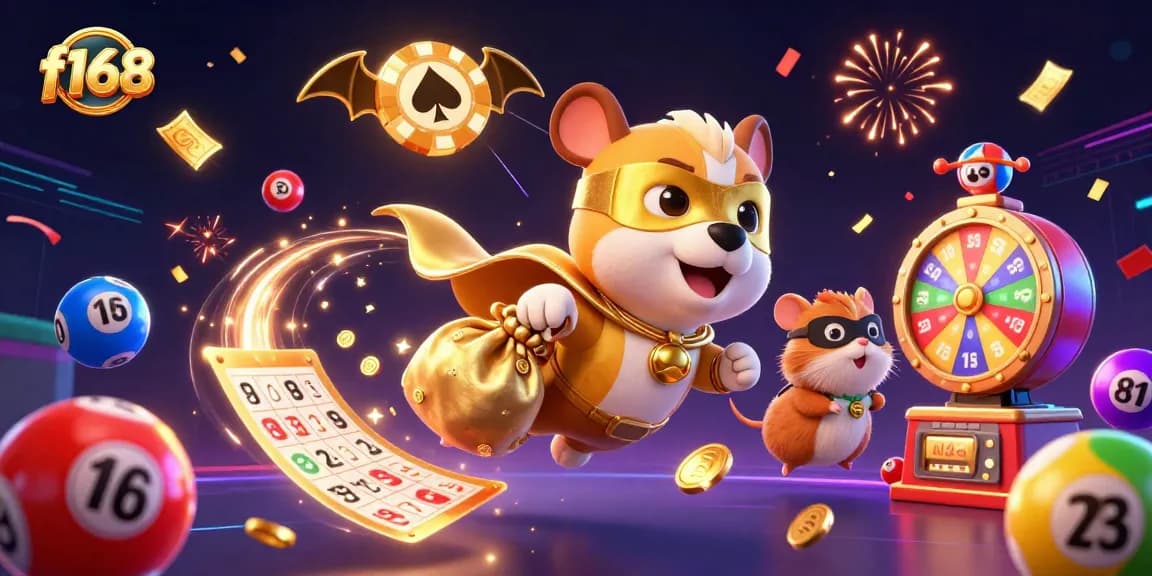 Join the excitement at f168 as a superhero dog and hamster bring you casino fun in a vibrant scene.