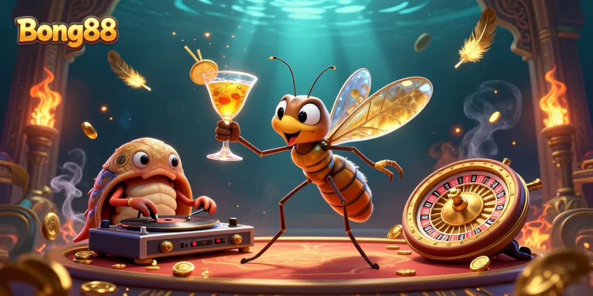 Bong88 delights players with a vibrant 3D casino scene, featuring an alive mosquito mascot and thrilling game elements.