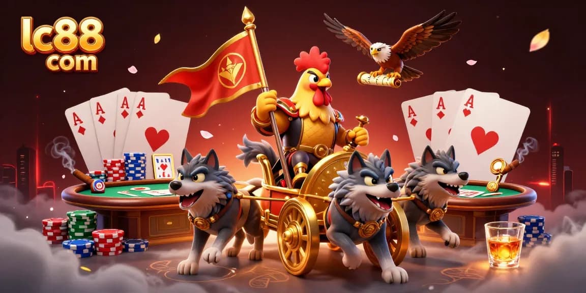 Play to win at lc88 com with a vibrant 3D casino showdown featuring a rooster warlord and poker dynamics.