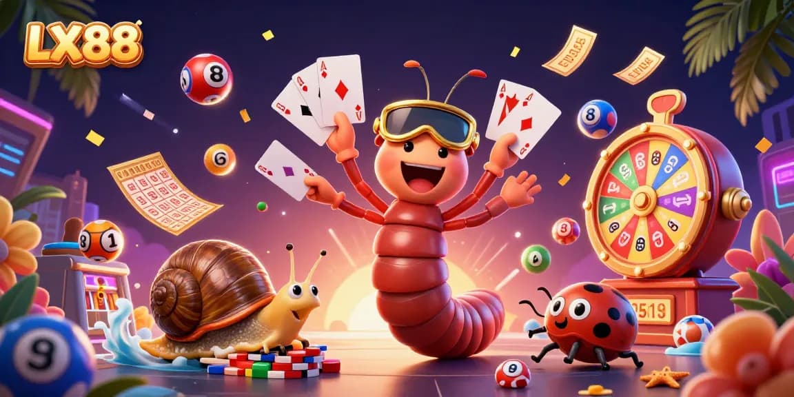 LX88 features an animated casino scene with a millipede dealer and colorful gaming elements.