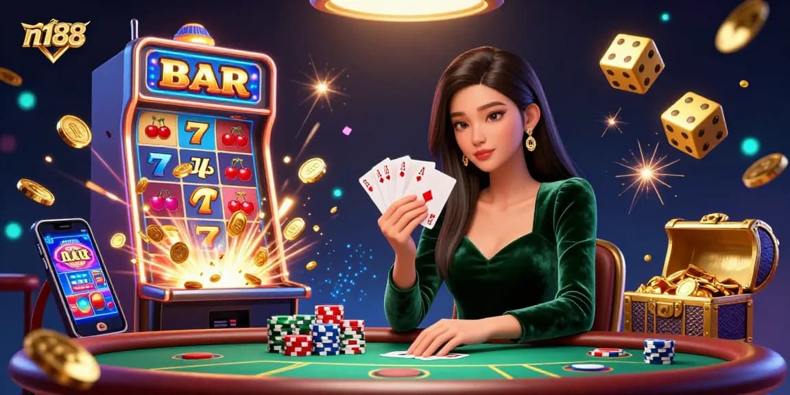 Experience the winning thrills at n188 with a stunning woman strategizing at a luxurious poker table.