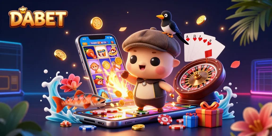 DABET offers exciting gameplay with 3D cartoon characters in a lively casino setting filled with vibrant slot game elements.