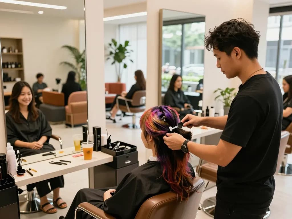 Stylish hair salon Singapore scene with hairstylist applying color treatment to a client's hair.