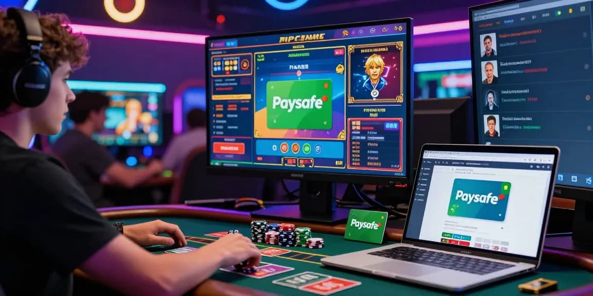 Spieler genießen ein lebhaftes Paysafe Card Casino-Erlebnis online, während Chips und Neonlichter die lebendige Atmosphäre verbessern.