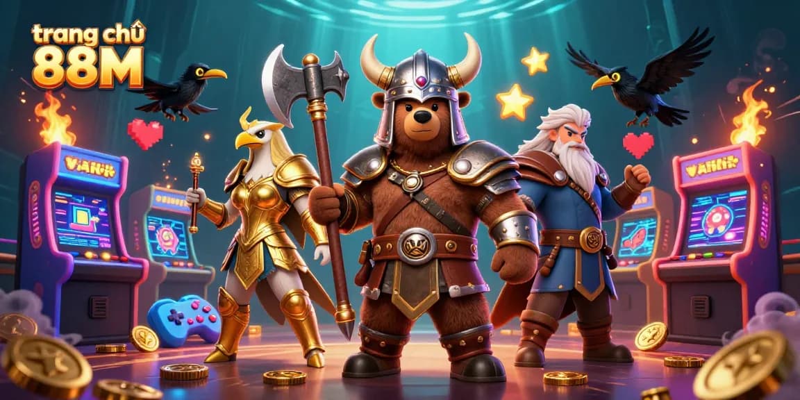 Experience gaming excitement at trang chủ 88M, featuring dynamic casino elements with cartoon characters.