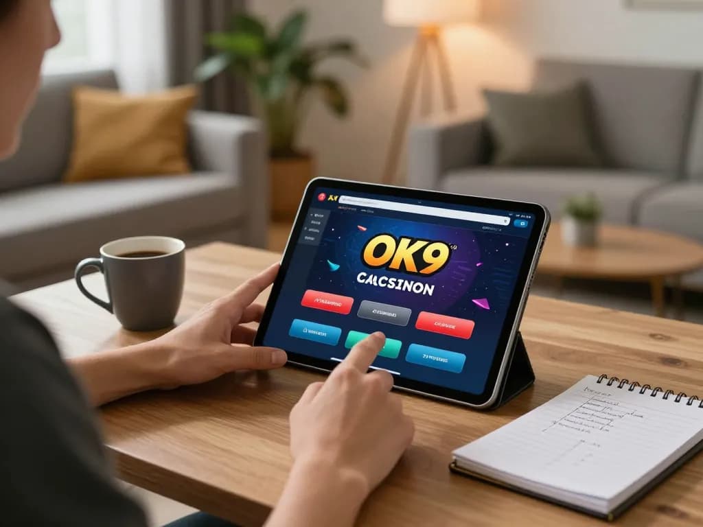 Player using the OK9 app for strategic online gambling in a cozy home environment.