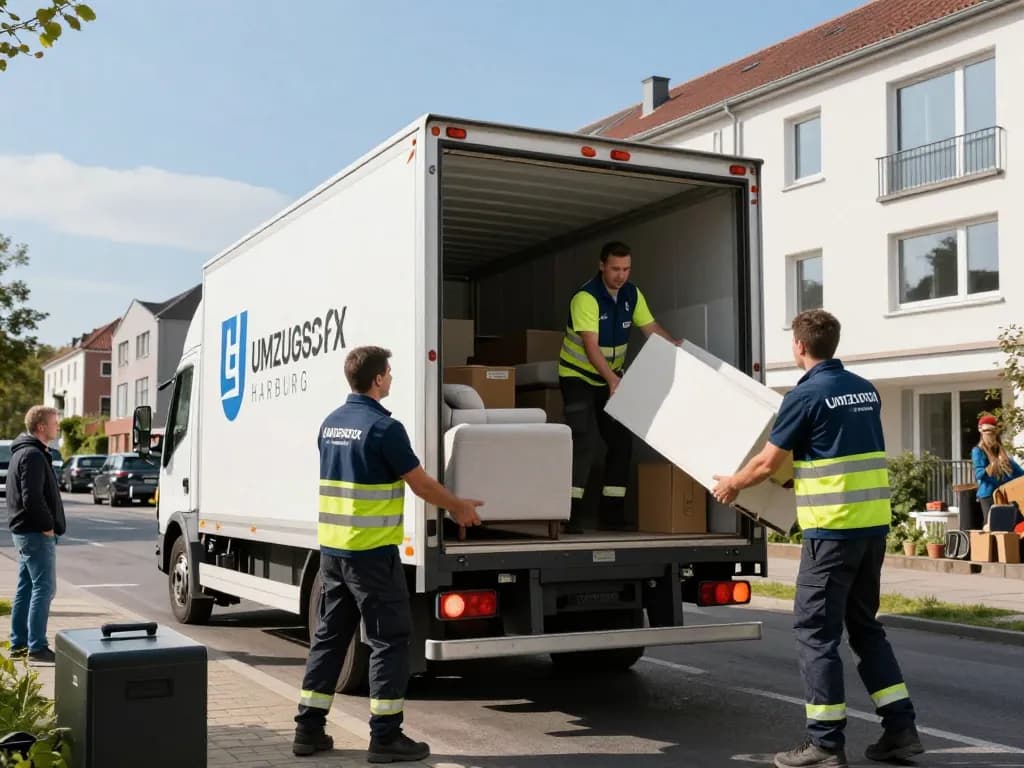 Umzugsteam von Umzugsfirma Harburg lädt effizient ein Umzugsfahrzeug mit Möbeln in Hamburg