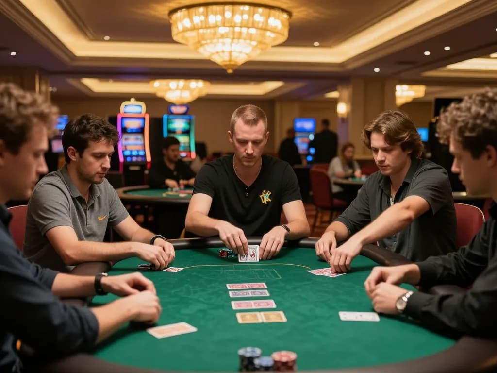 Engaging poker game at upscale casino highlighting 58Win's strategic gameplay environment.