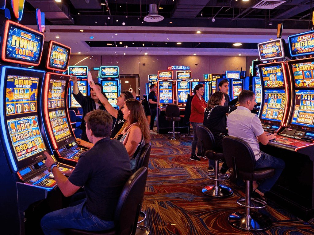 Celebrating slot jackpot wins with excitement and confetti in a lively casino.