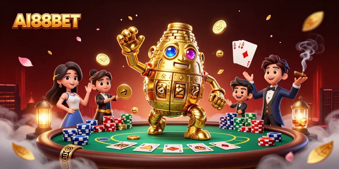 Engage with AI88BET's vibrant 3D casino adventure featuring a golden golem amidst poker excitement.