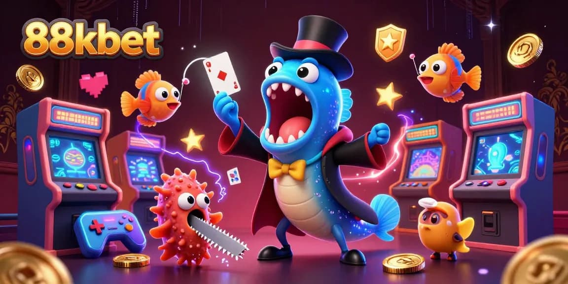 Engage in the thrilling world of 88kbet with vibrant characters performing magical casino acts and game elements.