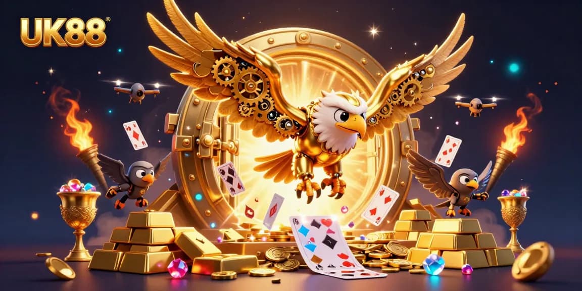 Engage with UK88 as the golden eagle soars through vibrant holographic cards in a treasure-filled casino scene.