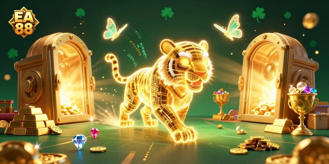 Experience the thrill of EA 88 with a dynamic digital casino featuring a golden tiger and treasures.