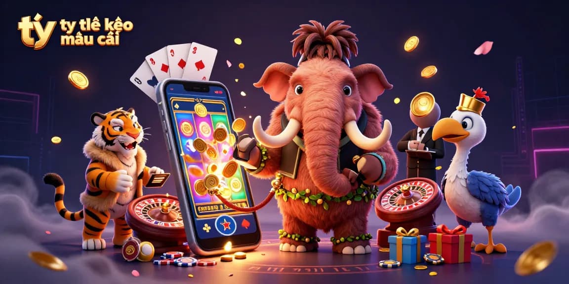 Discover tỷ lệ kèo nhà cái in action with vibrant casino characters and gaming elements