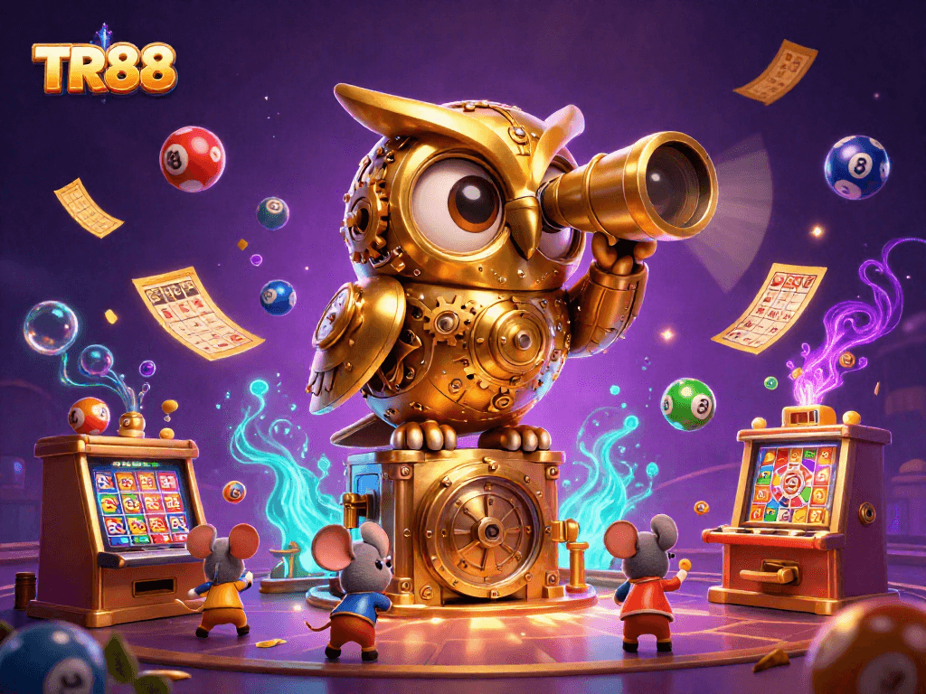 TR88 game scene showcasing a clockwork owl, vibrant casino elements, and animated lottery dynamics.
