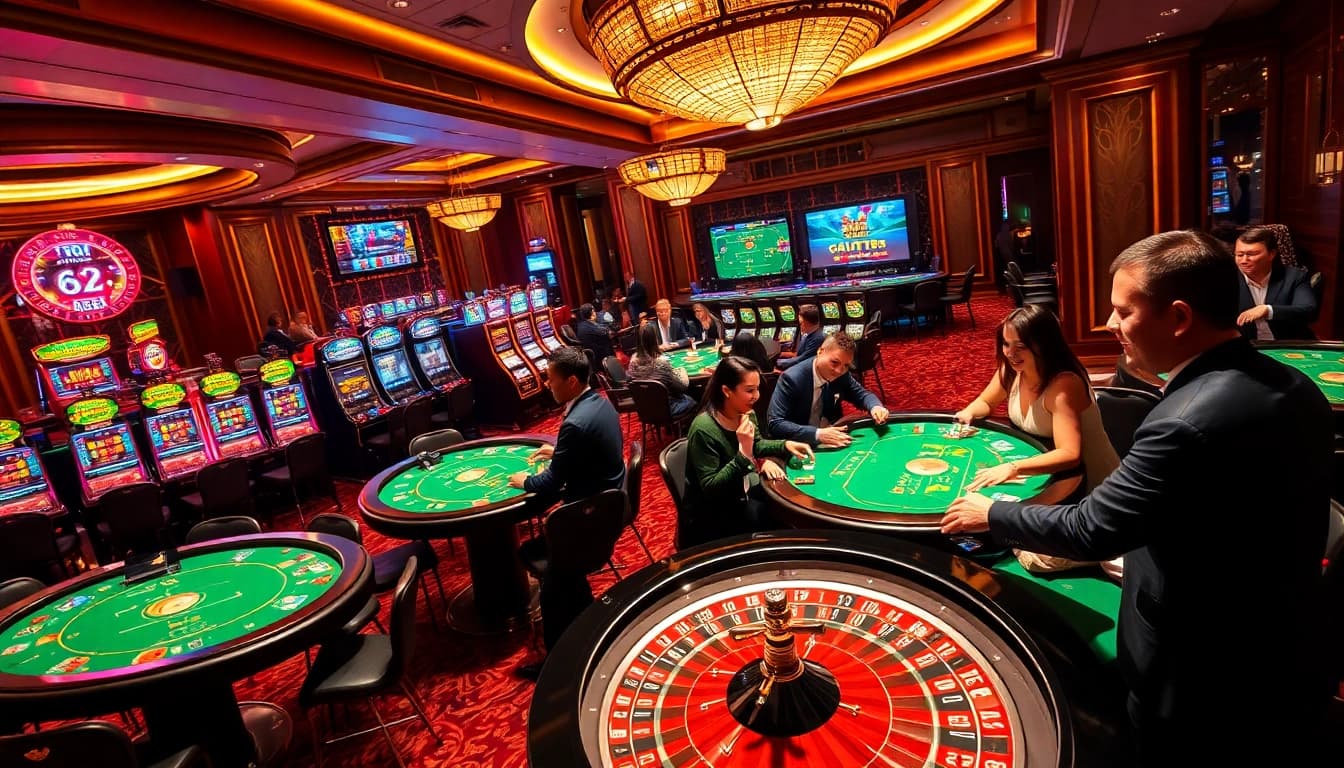 Exciting TR88 gambling scene showcasing poker, roulette, and slot machines in a vibrant casino.
