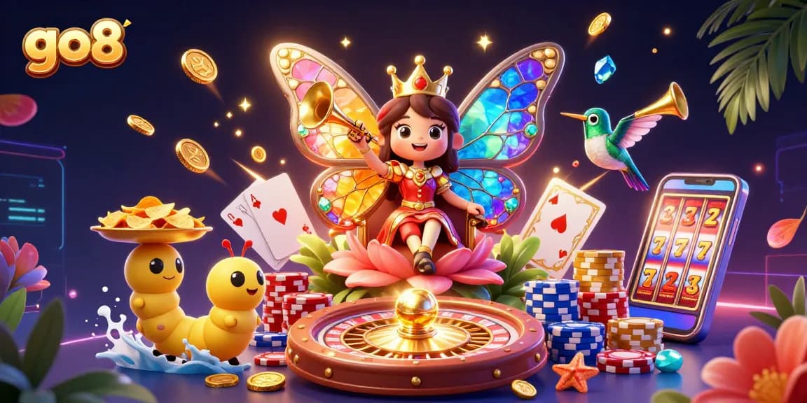 Spin and win at go8 with vibrant casino elements in a fantasy illustration featuring a butterfly queen.