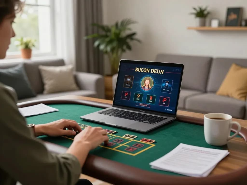 Engaging online gambling session at a cozy setup with Nhà cái uy tín F168, highlighting a responsible gaming environment.