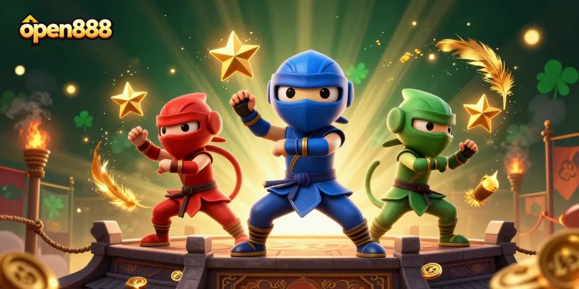 Experience open888's thrilling action with chameleon ninjas in a vibrant casino atmosphere.