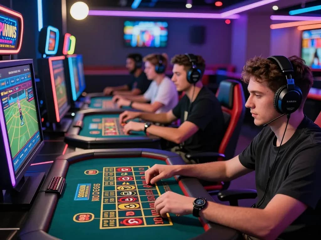 Exciting online gaming environment with players actively engaged in various BJ888 casino games, showcasing camaraderie and modern technology.