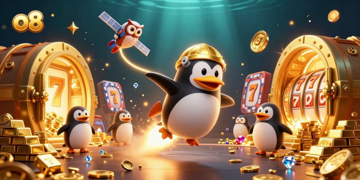 Play thrilling slots with o8 as a golden penguin navigates a vibrant casino in space.