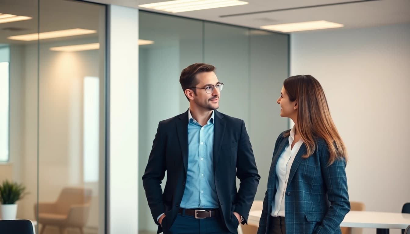 Headhunter präsentiert einem Kandidaten eine Karrierechance in einem modernen Büro.