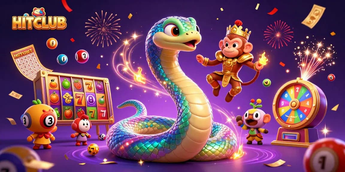 Experience the thrilling HITCLUB casino with vibrant slot reels and energetic characters in a dynamic 3D scene.