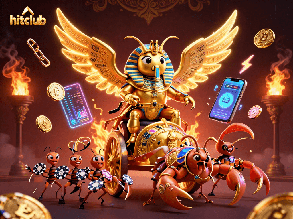 Engage with hitclub's thrilling games as a colossal scarab leads a vibrant casino scene.