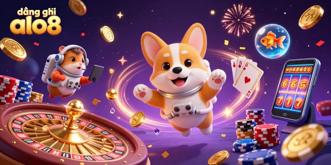 Experience the excitement of đăng ký alo8 with a lively casino scene featuring a corgi astronaut and casino elements.