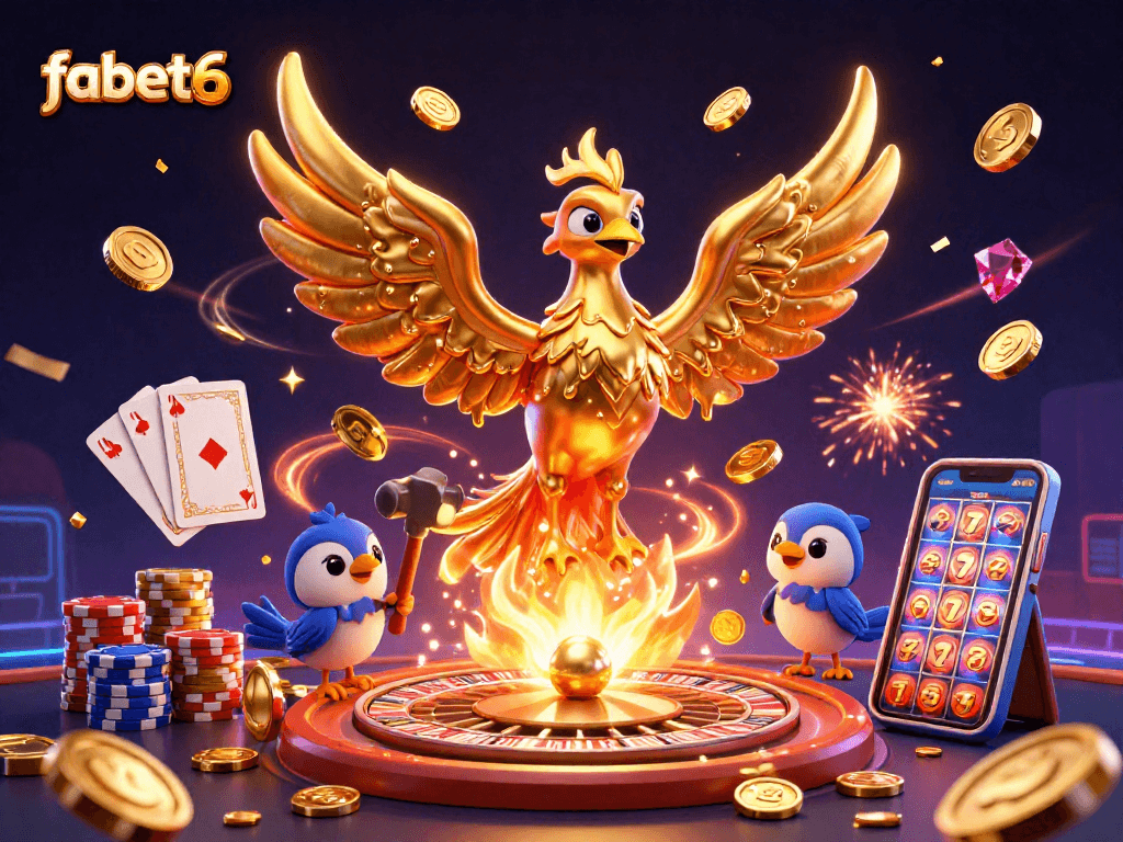 Experience thrilling moments at fabet6 with a phoenix rising from gold coins and casino elements.