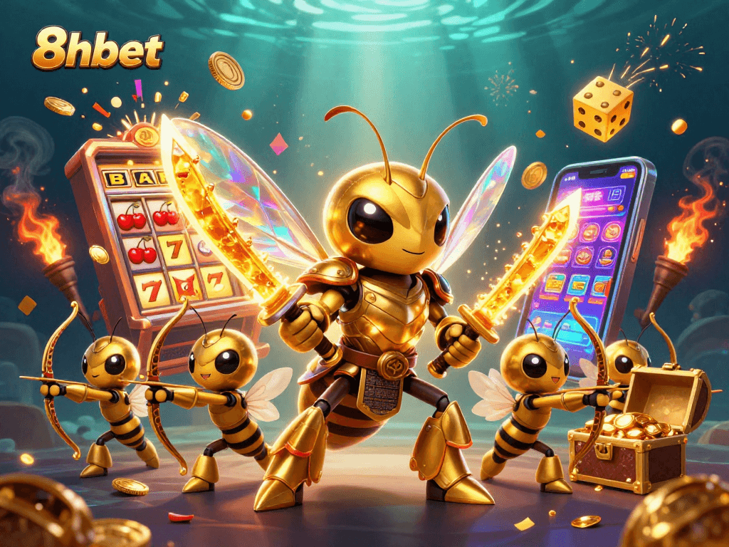 Experience the thrill of 8xbet with a stunning 3D casino scene featuring samurai and bees in action.