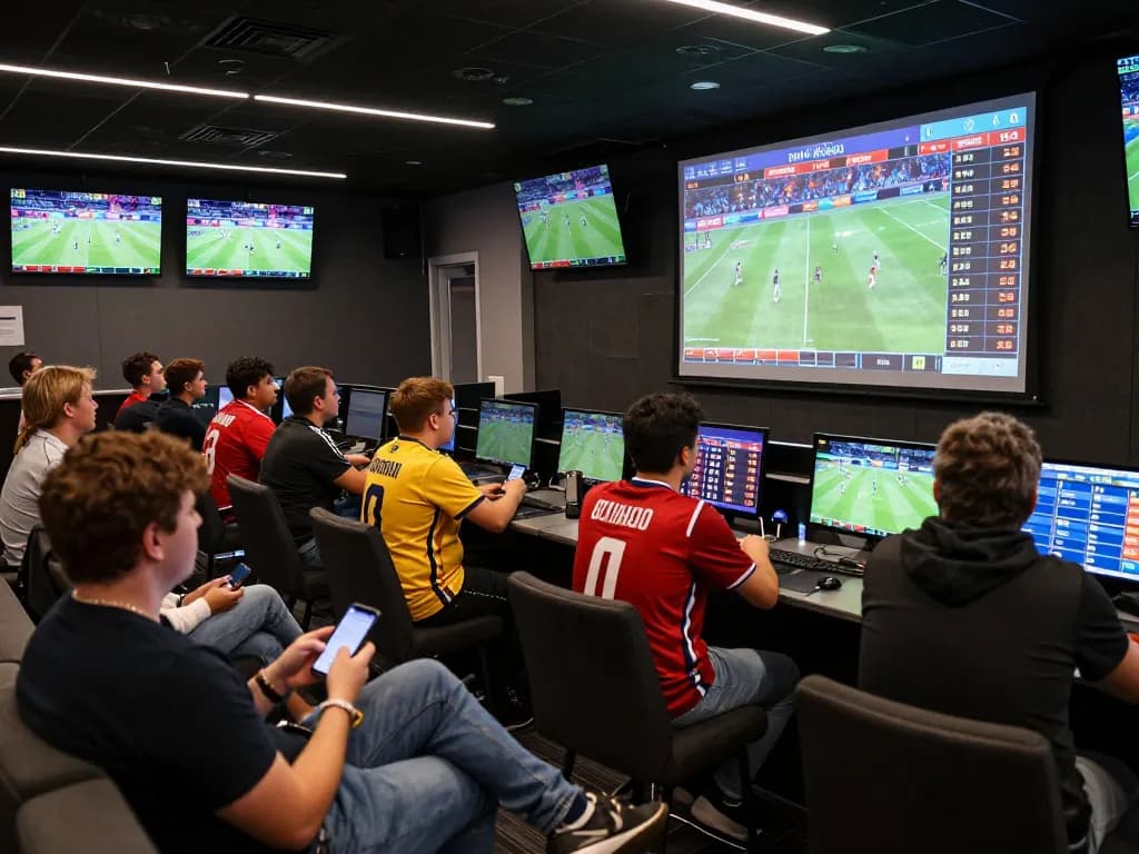 Engaged players placing live bets at bet168 in a lively sports lounge during a game.