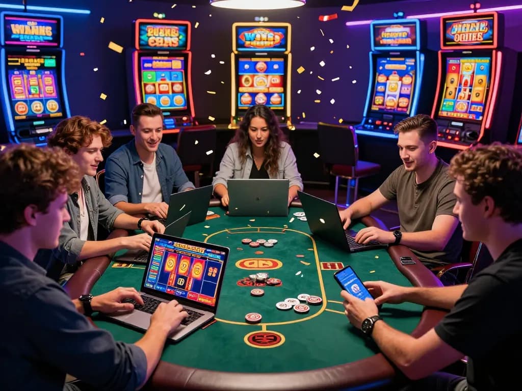 Exciting online casino gaming scene showcasing free spins australia offers with players engaged at a digital poker table.