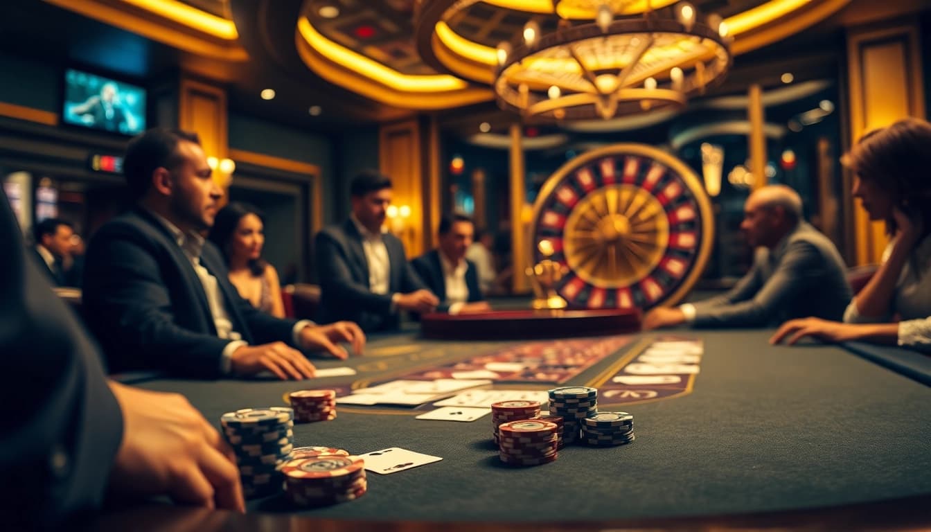 Players strategizing around a poker table in a luxurious casino environment, emphasizing S 8 gaming excitement.