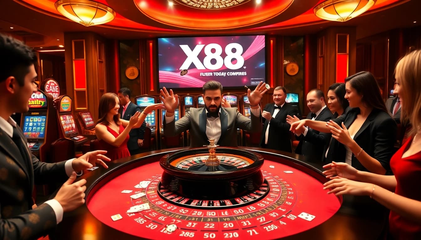 X88 casino scene featuring players enjoying roulette and slot machines with vibrant colors.