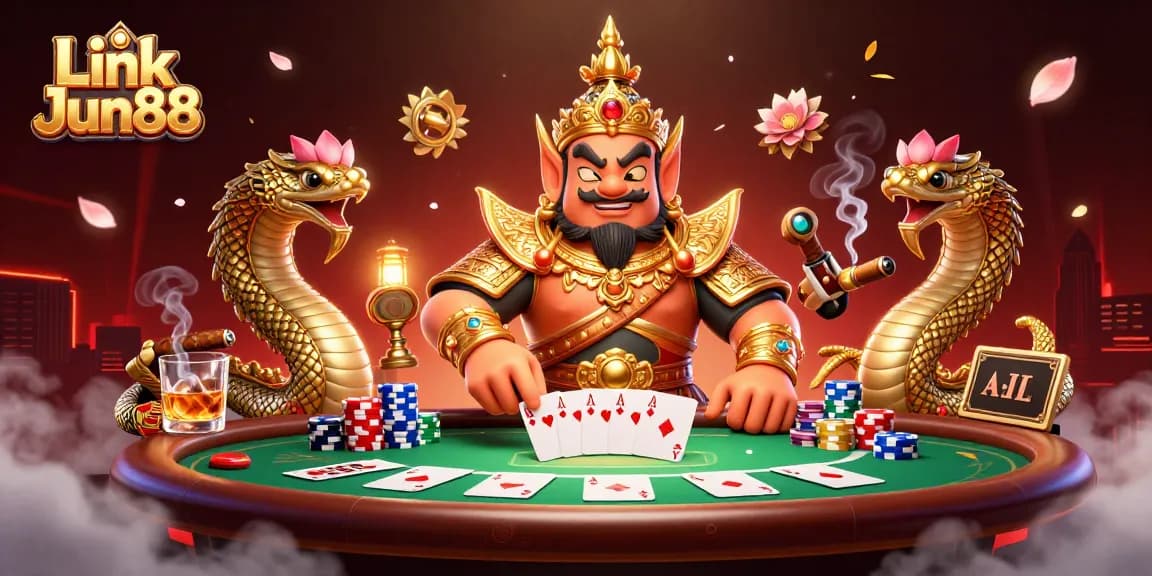 Engage in thrilling poker at Link Jun88 with vibrant characters and casino elements illuminated by warm lanterns.