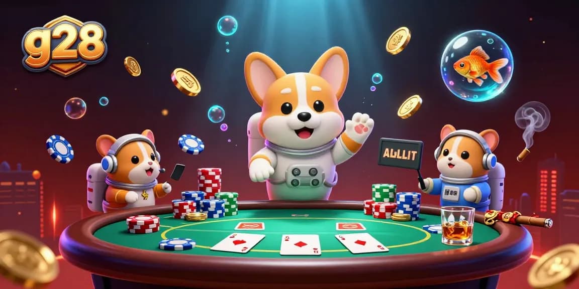 g28 casino scene with a corgi astronaut, poker elements, and colorful chips floating