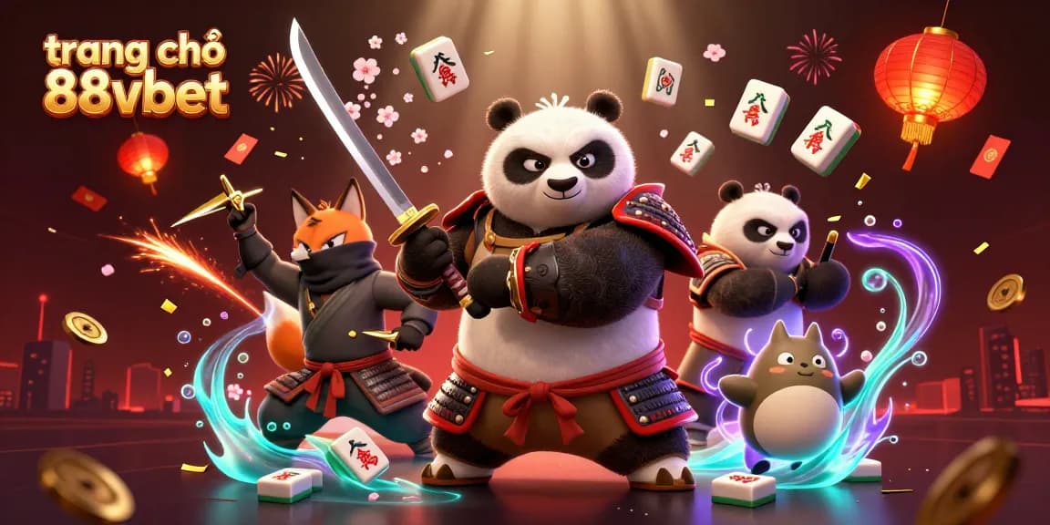 Hình minh họa 3D từ trang chủ 88vbet với nhân vật samurai panda và ninja fox trong không gian casino sôi động.