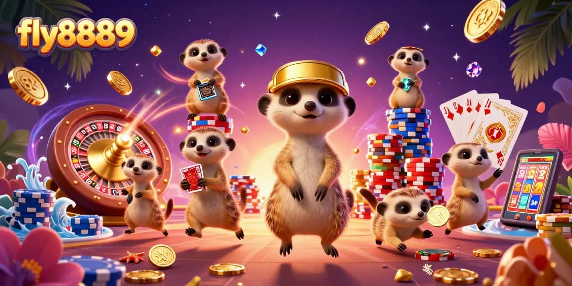 Win big at fly8889 with a lively scene of meerkats in a casino, showcasing high-energy gaming elements.