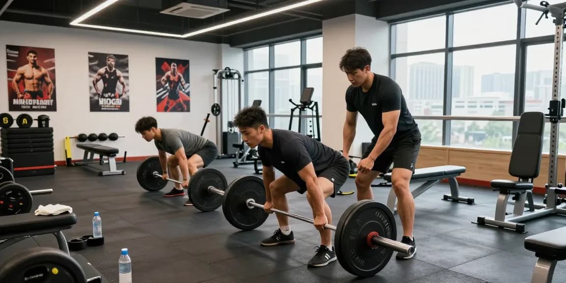 Bodybuilder im Steroidshop beim Training mit Gewichten, umgeben von Fitnessgeräten und motivierenden Postern.