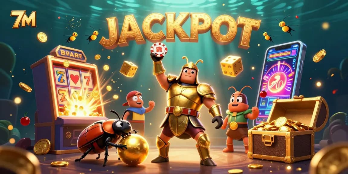 Engage in thrilling casino action with 7M in a dynamic jackpot scene featuring a victorious beetle and exciting game elements.