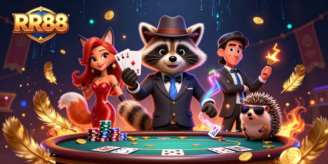 Experience thrilling action at RR88 with a suave raccoon, dazzling fox, and vigilant hedgehog in a lively casino.