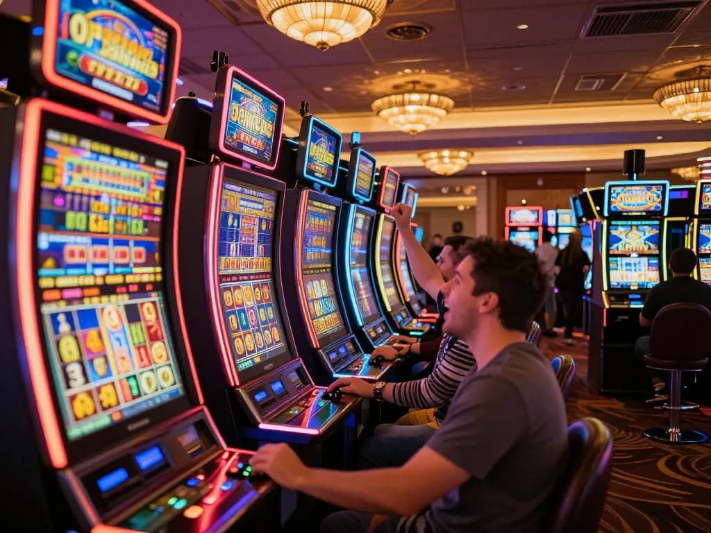 Players celebrating a win on slot gaco machines in a lively casino.