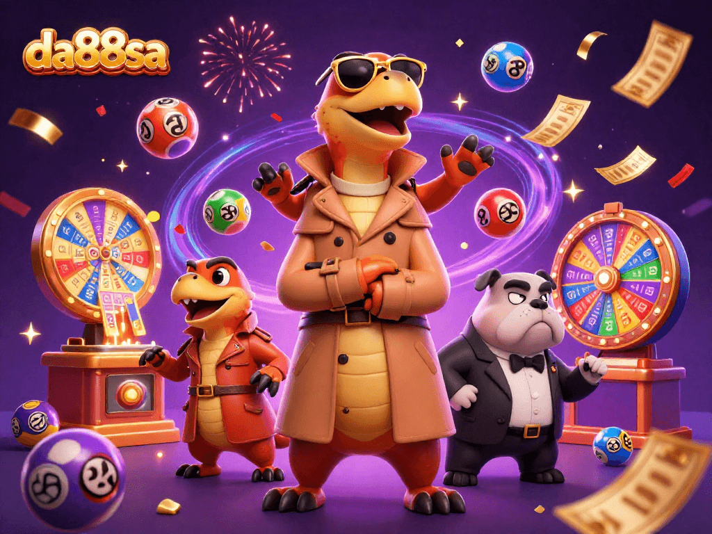 Engage with da88sa's vibrant casino scene featuring raptors acting comically in a trench coat.
