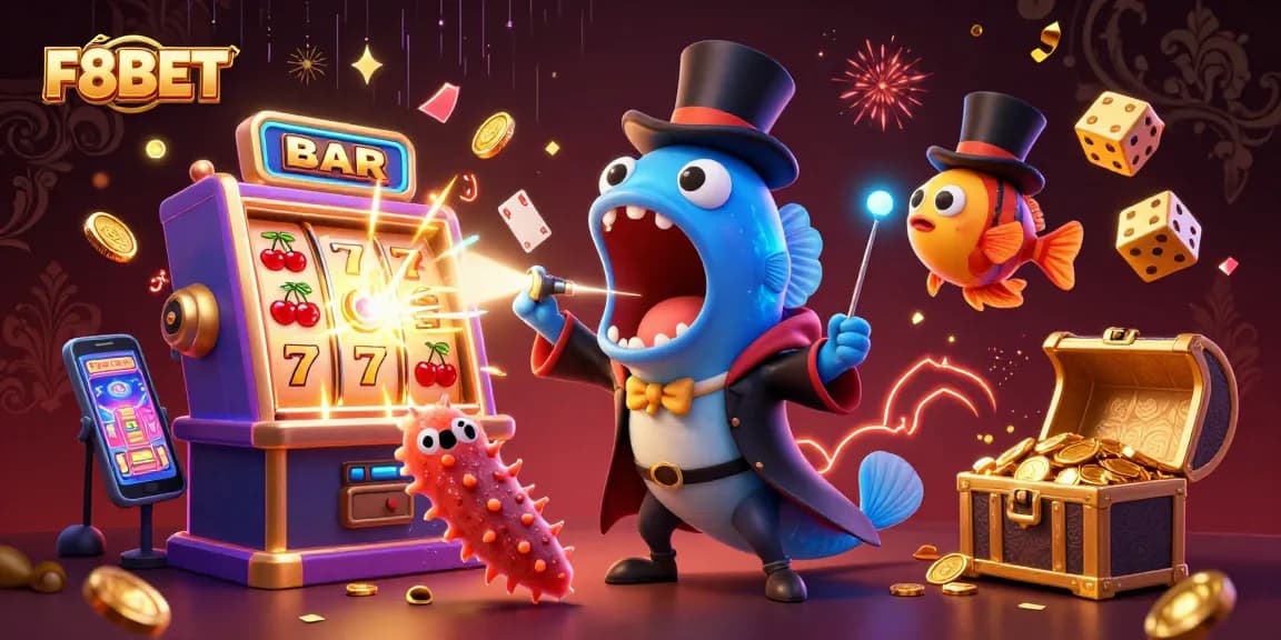 Engage with F8BET's thrilling world of gaming, featuring colorful slot machines and magical sea creatures.