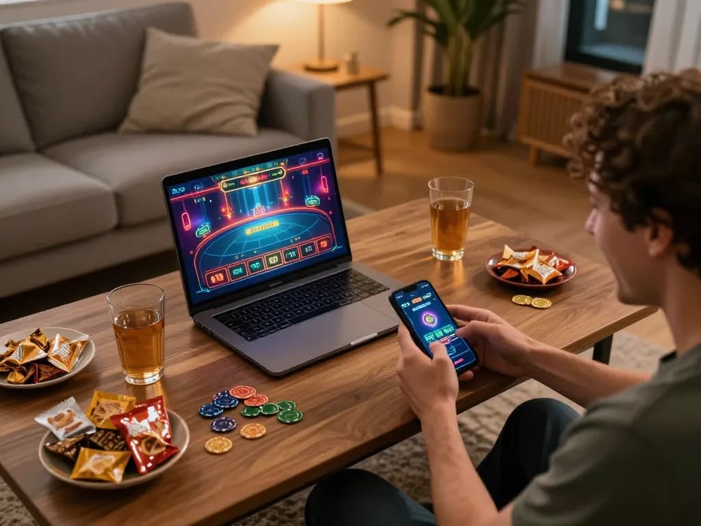Engaged player using lc888 online casino app while enjoying their cozy home setup.