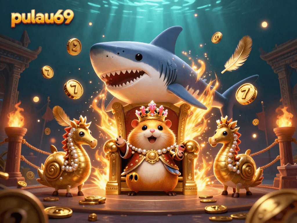 Pulau69 showcases a golden hamster king on a megalodon throne with vibrant casino elements, emphasizing thrilling underwater gaming.