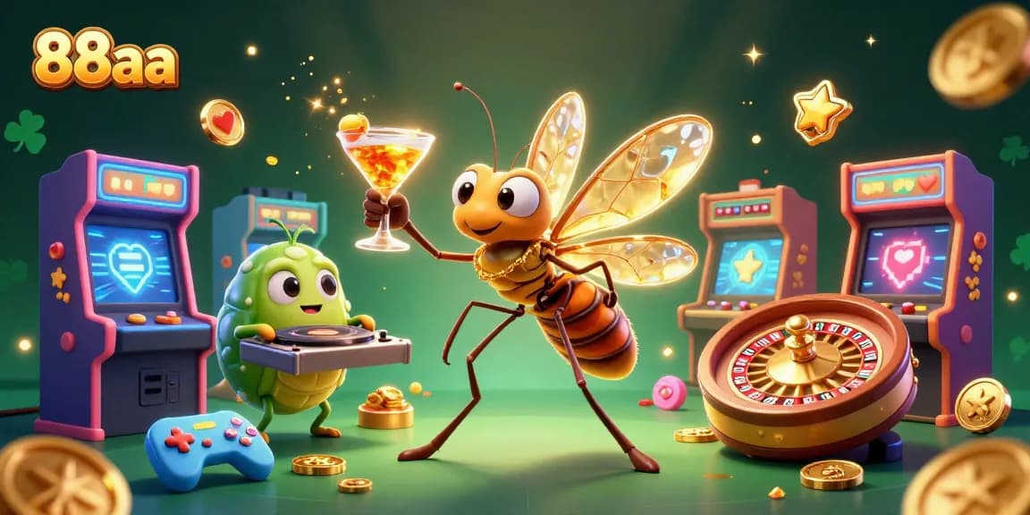 Engage with 88aa's thrilling casino scene featuring a vibrant 3D arcade atmosphere blending gaming and gambling.